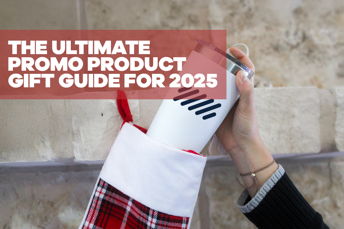 Ultimate promo product gift guide for 2025 with person pulling customized YETI Rambler 20 oz tumbler from christmas stocking