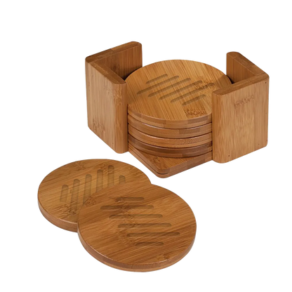 Bamboo Round 6-Coaster Set with Holder